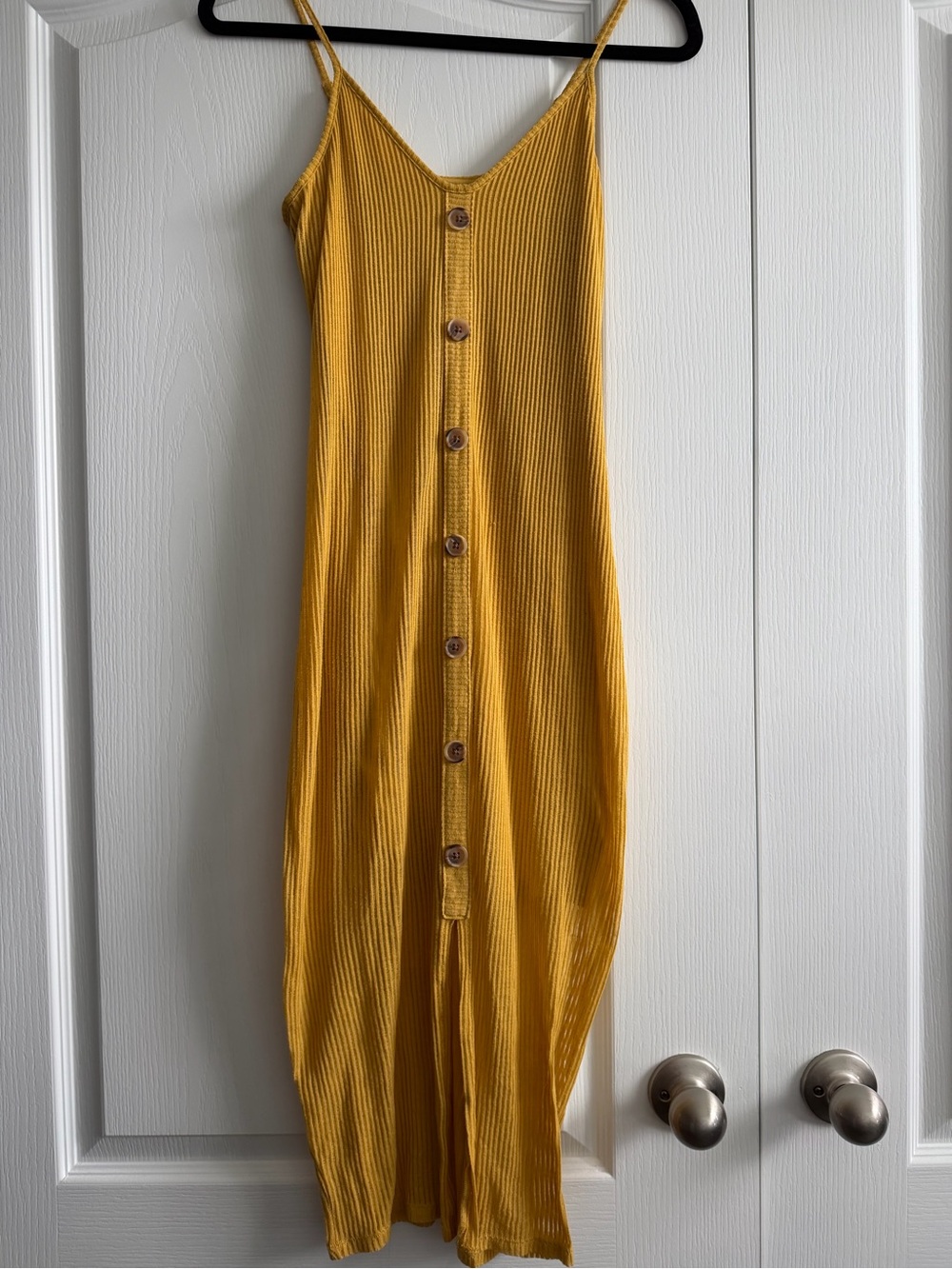 Express Mustard Ribbed Button-Front Slip Midi Dress Small